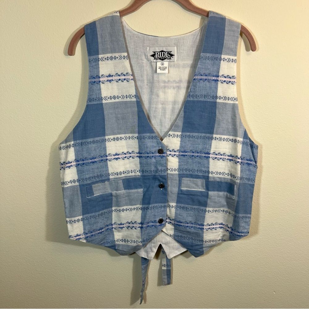 ✨ Vintage Ride Blue White Plaid Western Vest Medium Nepal
